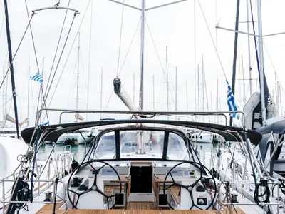 Cockpit of Midas, a Bavaria C45 sailboat at Athens, Greece