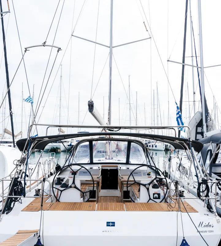 Cockpit of Midas, a Bavaria C45 sailboat at Athens, Greece