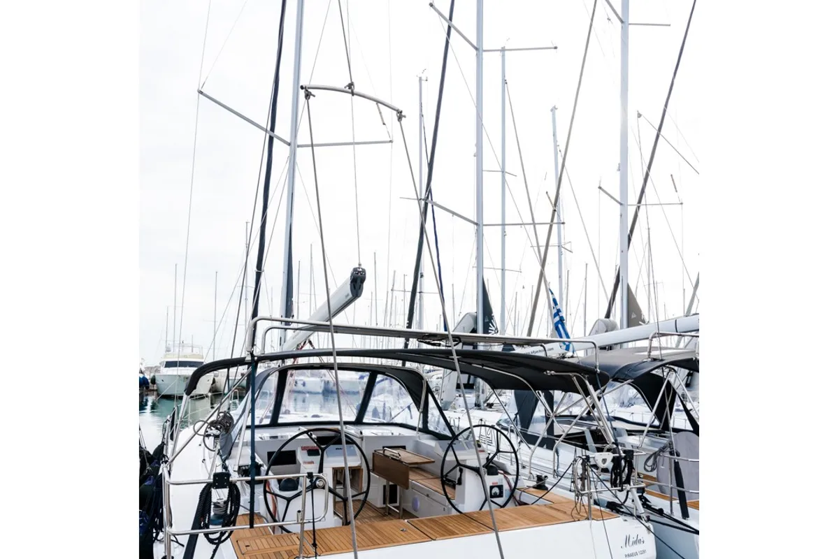 Deck of Midas, a Bavaria C45 sailboat at Athens, Greece