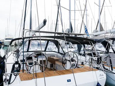 Deck of Midas, a Bavaria C45 sailboat at Athens, Greece