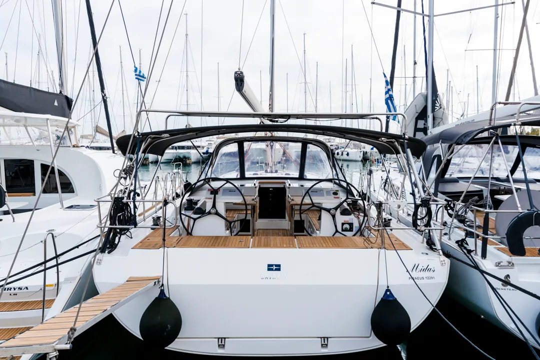 Exterior view of Midas, a Bavaria C45 sailboat at Athens, Greece