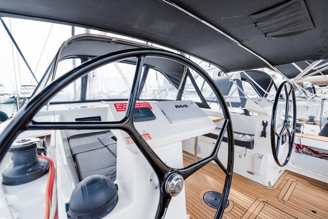 Cockpit of Midas, a Bavaria C45 sailboat at Athens, Greece