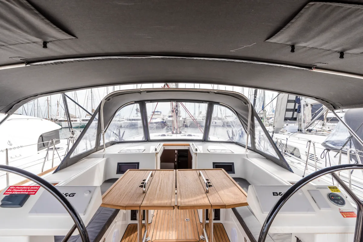 Cockpit of Midas, a Bavaria C45 sailboat at Athens, Greece