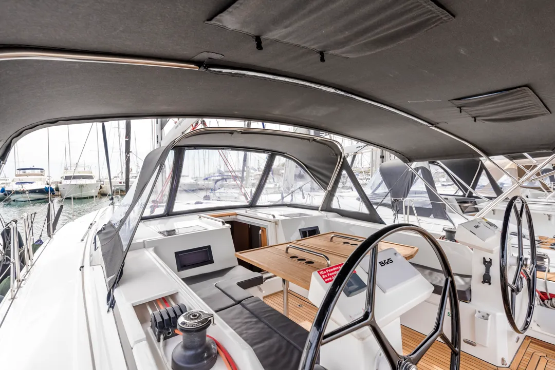 Cockpit of Midas, a Bavaria C45 sailboat at Athens, Greece