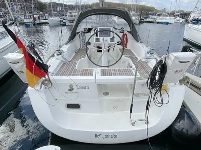 Cockpit of Robben, a Beneteau Oceanis 31 sailboat at Heiligenhafen, Germany