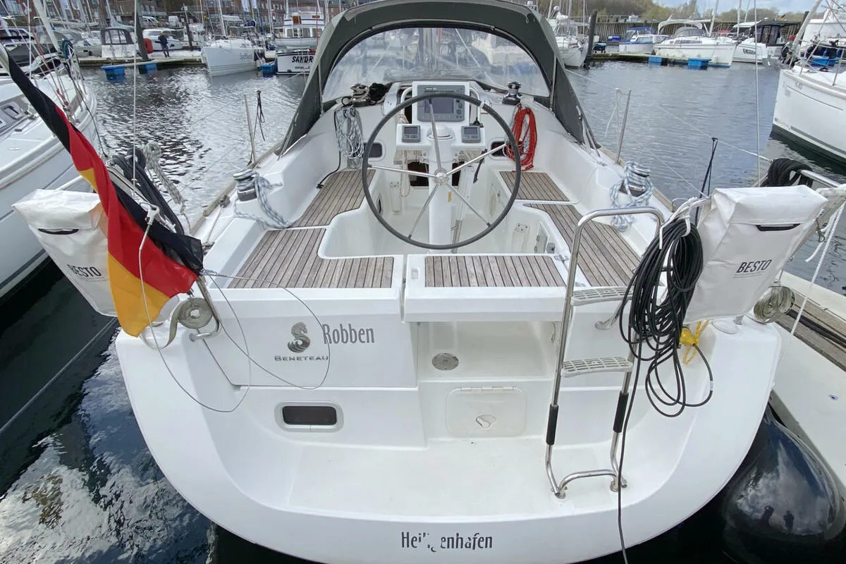 Cockpit of Robben, a Beneteau Oceanis 31 sailboat at Heiligenhafen, Germany