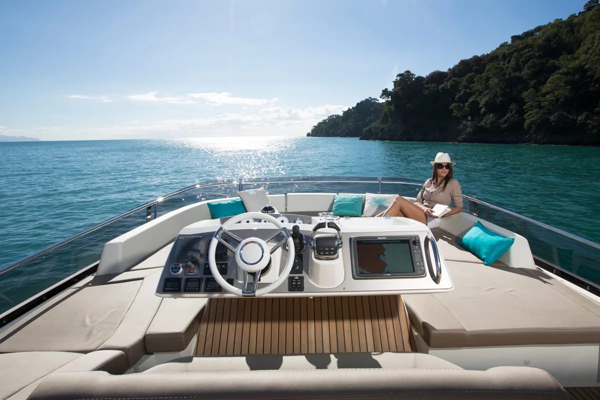 Cockpit of Kismet, a Prestige 620 motor yacht at Malé, Maldives