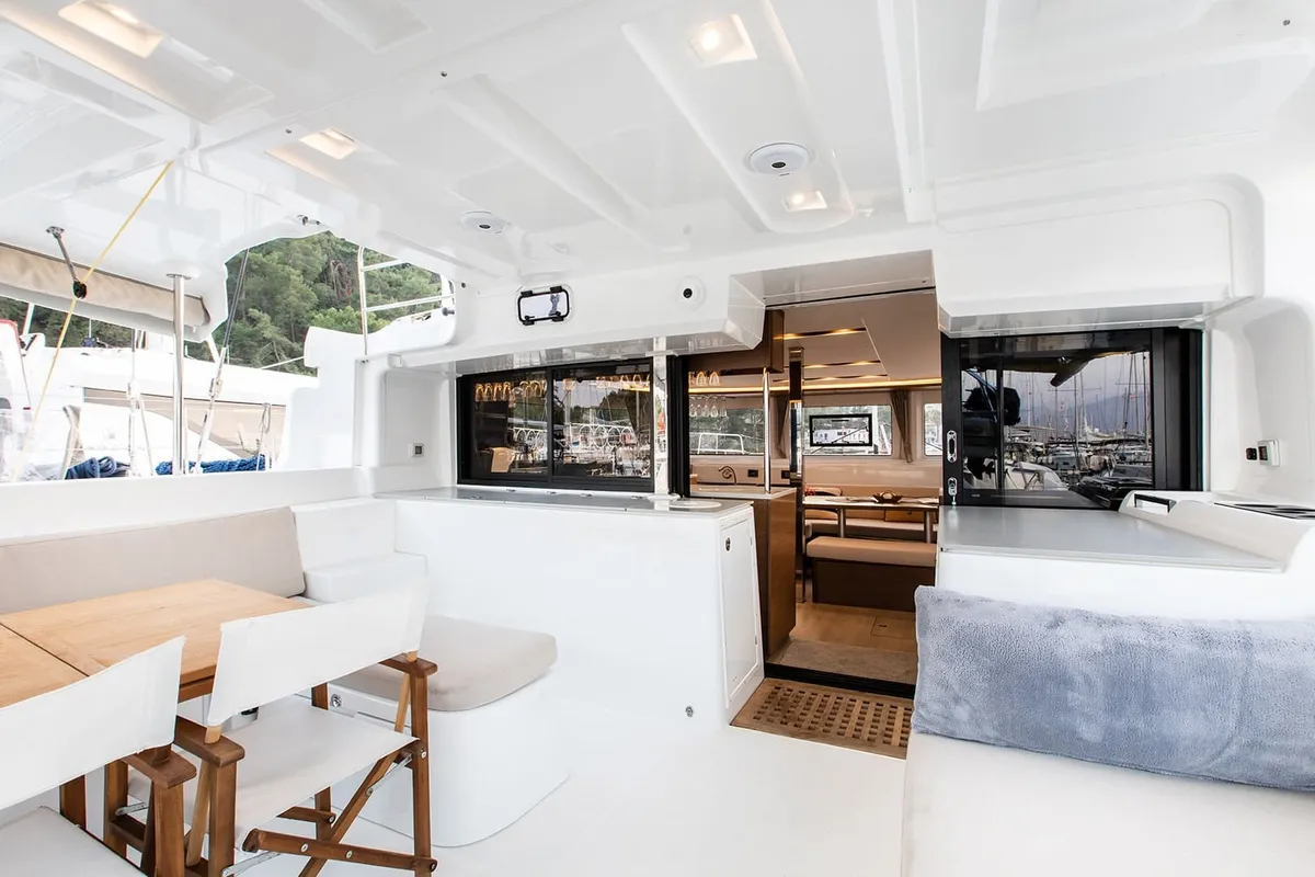 Exterior view of A-Sphere, a Lagoon 46 catamaran at Marmaris, Turkey