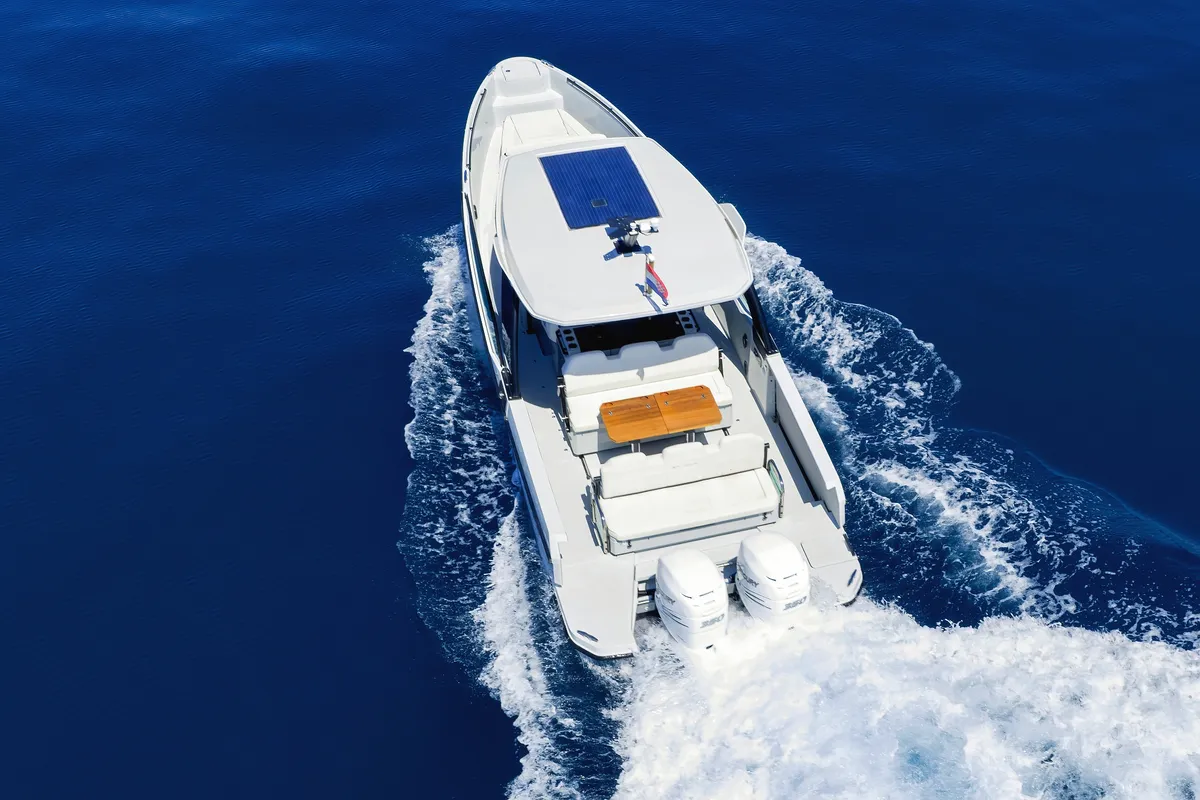 Exterior view of Saxdor 320 GTO, a motorboat at Sukošan, Croatia