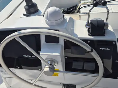 Cockpit of Solo Star, a Bali 4.6 catamaran at Fethiye, Turkey