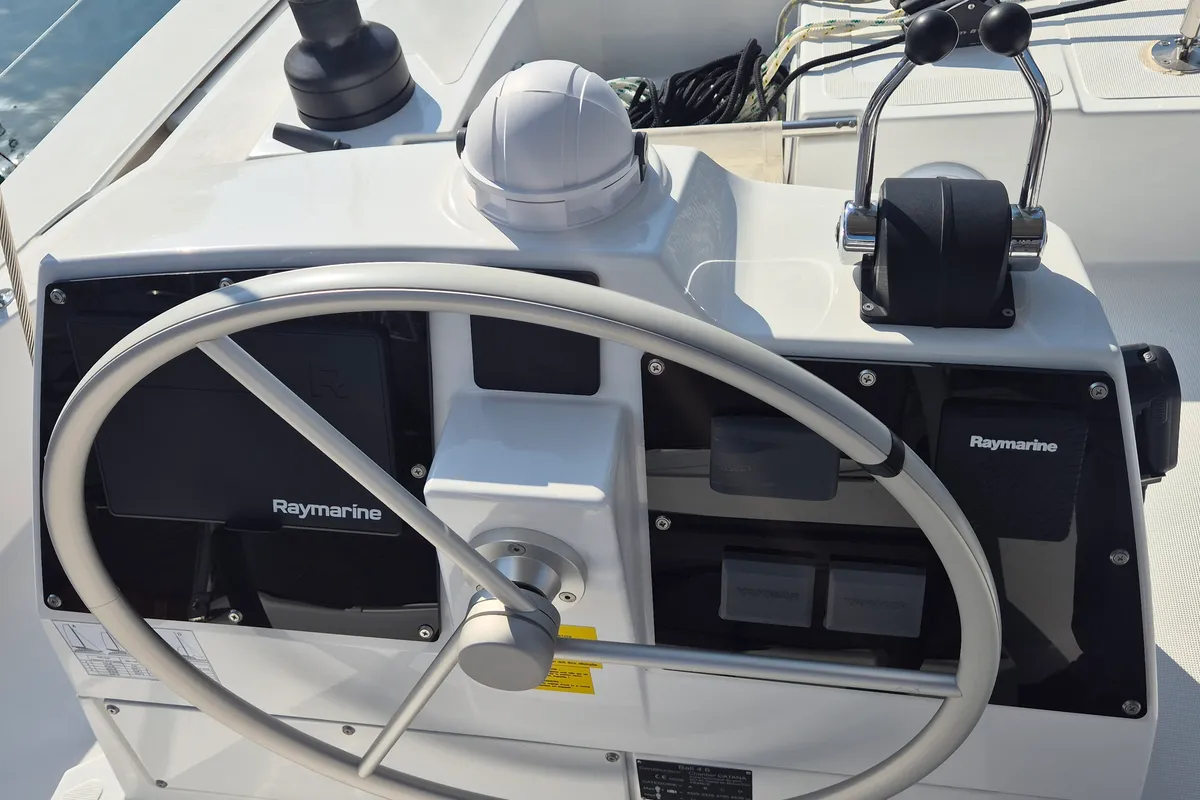Cockpit of Solo Star, a Bali 4.6 catamaran at Fethiye, Turkey