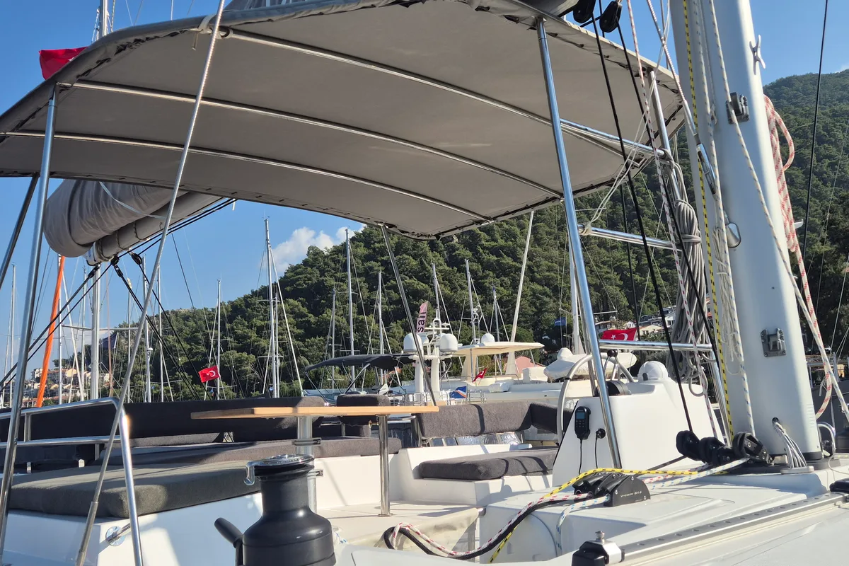 Deck of Solo Star, a Bali 4.6 catamaran at Fethiye, Turkey