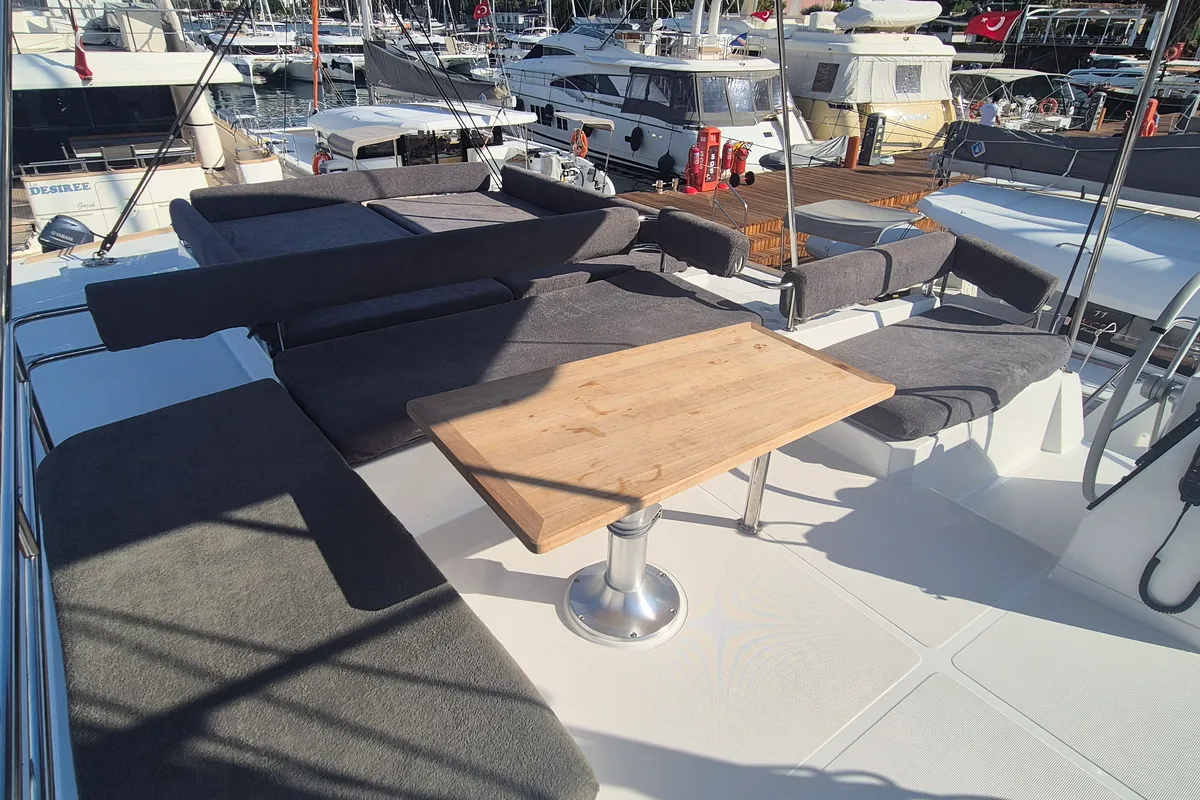 Deck of Solo Star, a Bali 4.6 catamaran at Fethiye, Turkey