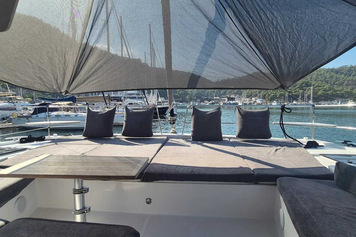Deck of Solo Star, a Bali 4.6 catamaran at Fethiye, Turkey