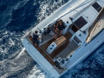 Deck of Sky Lina, a Jeanneau Sun Odyssey 410 sailboat at Marmaris, Turkey