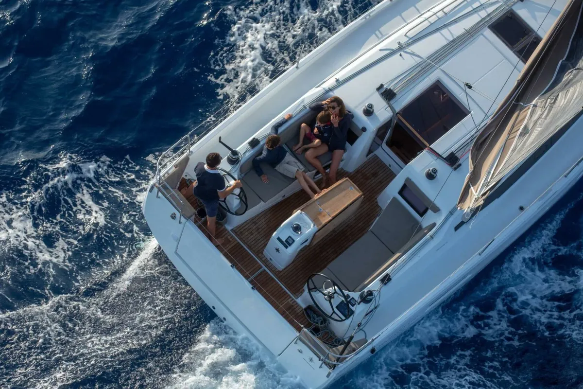 Deck of Sky Lina, a Jeanneau Sun Odyssey 410 sailboat at Marmaris, Turkey