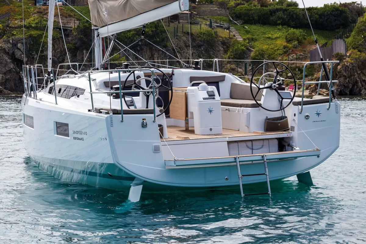 Deck of Sky Lina, a Jeanneau Sun Odyssey 410 sailboat at Marmaris, Turkey