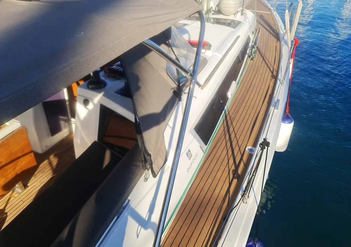 Deck of Auszeit, a Dufour 430 sailboat at Jezera, Croatia