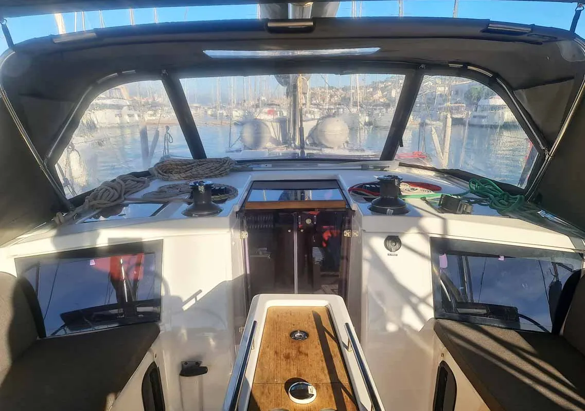 Cockpit of Auszeit, a Dufour 430 sailboat at Jezera, Croatia