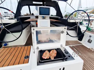 Cockpit of Auszeit, a Dufour 430 sailboat at Jezera, Croatia
