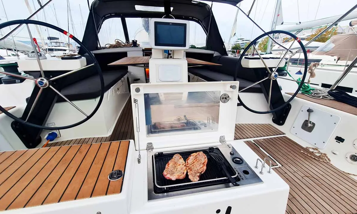 Cockpit of Auszeit, a Dufour 430 sailboat at Jezera, Croatia