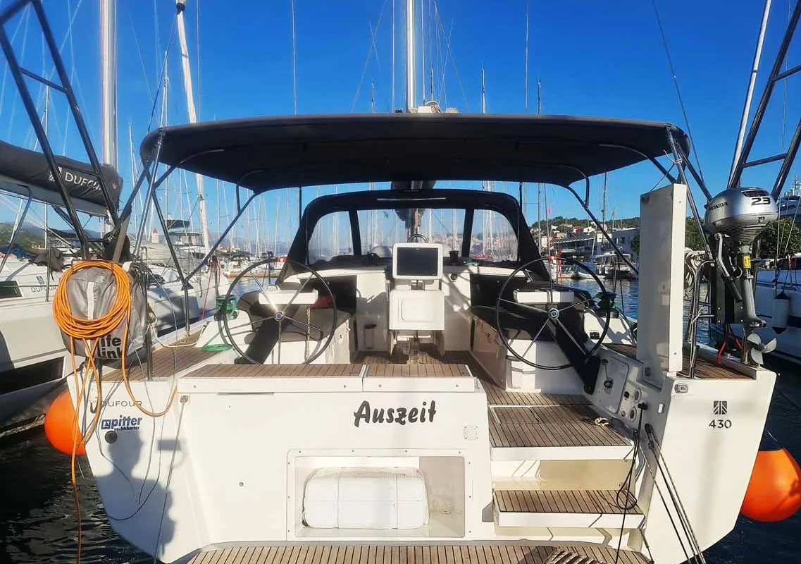 Exterior view of Auszeit, a Dufour 430 sailboat at Jezera, Croatia