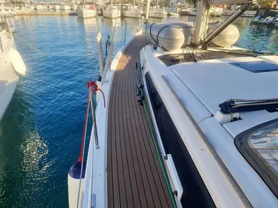 Deck of Auszeit, a Dufour 430 sailboat at Jezera, Croatia