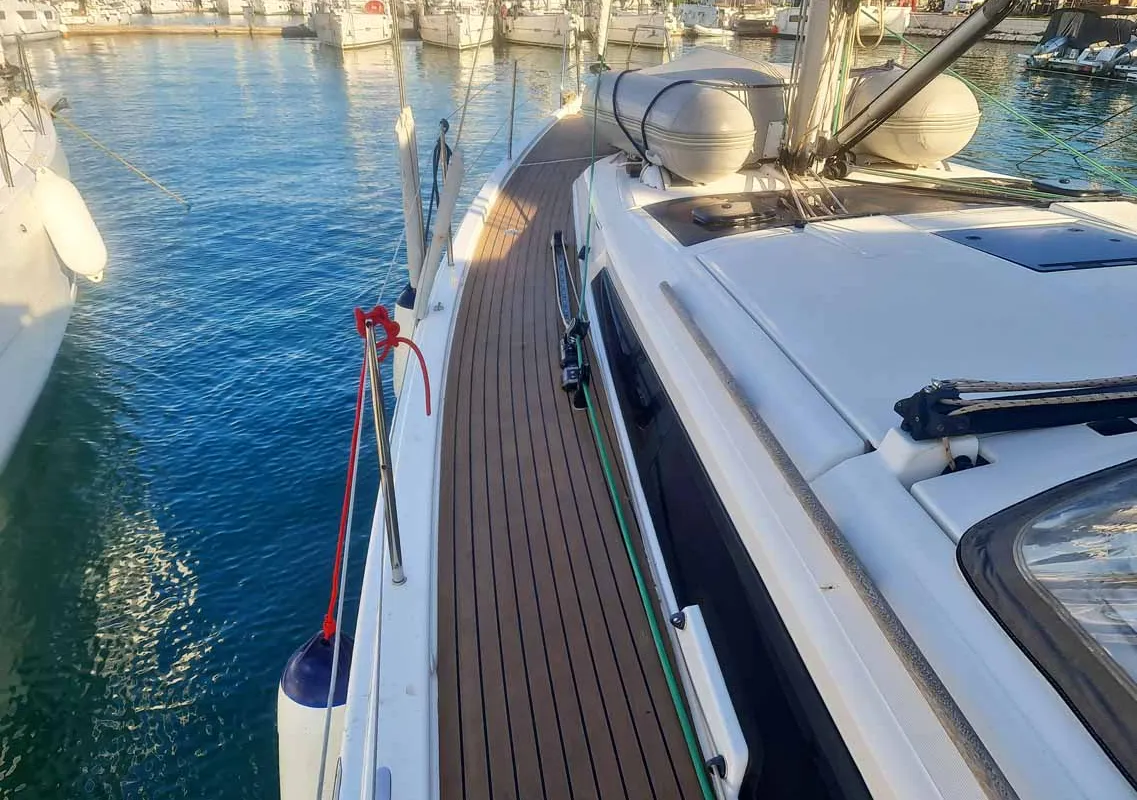Deck of Auszeit, a Dufour 430 sailboat at Jezera, Croatia