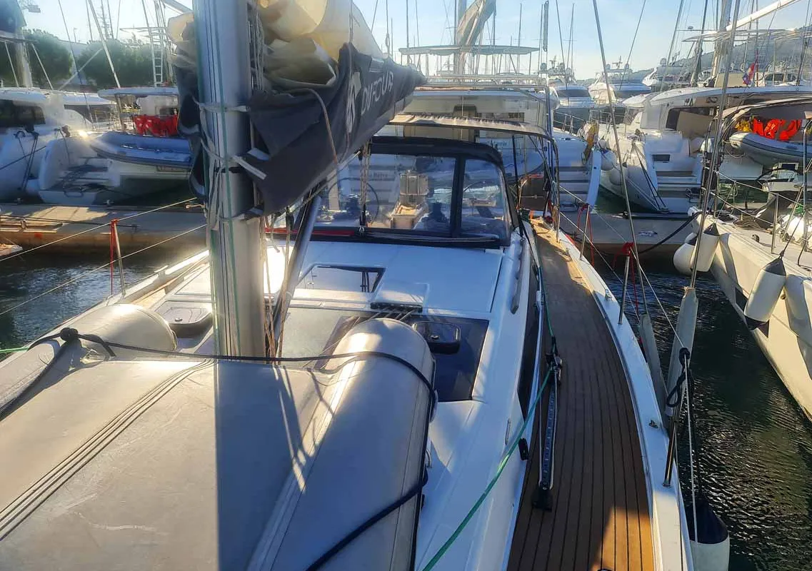 Deck of Auszeit, a Dufour 430 sailboat at Jezera, Croatia