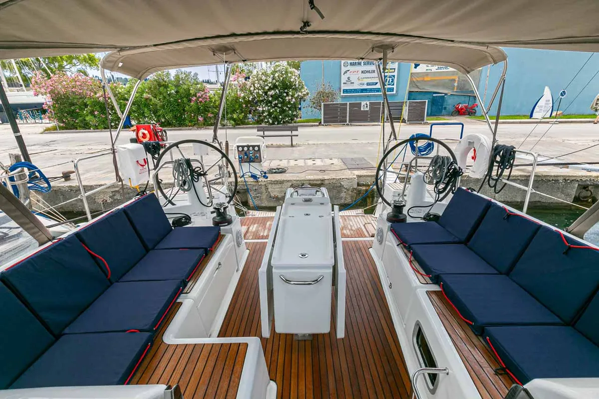 Cockpit of Mystic Blue, a Jeanneau Sun Odyssey 440 sailboat at Kontokali, Greece