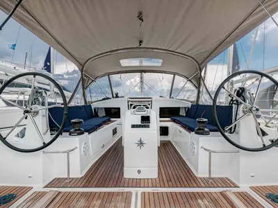 Cockpit of Mystic Blue, a Jeanneau Sun Odyssey 440 sailboat at Kontokali, Greece