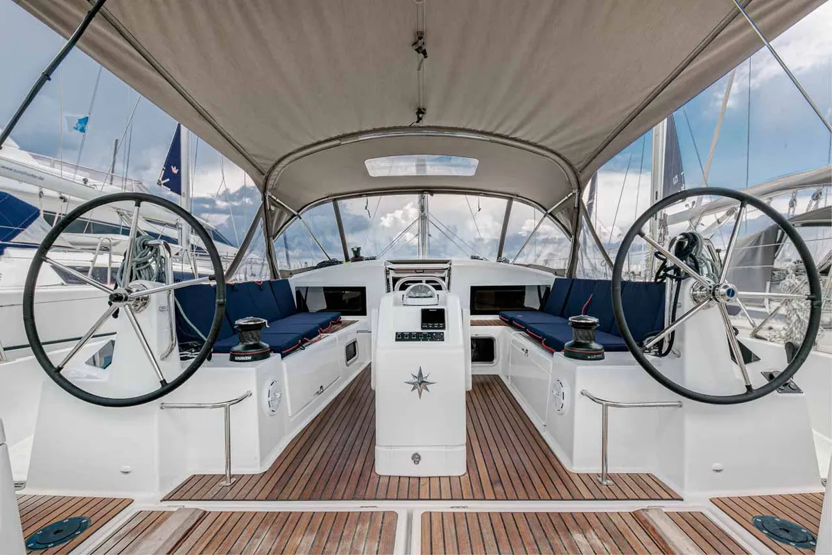 Cockpit of Mystic Blue, a Jeanneau Sun Odyssey 440 sailboat at Kontokali, Greece