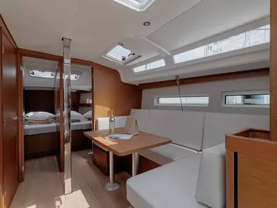 Salon of Mystic Blue, a Jeanneau Sun Odyssey 440 sailboat at Kontokali, Greece