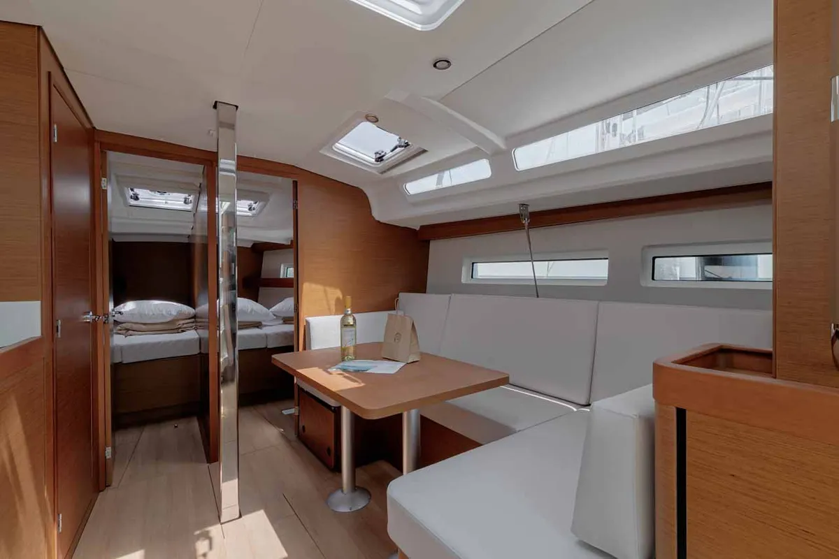 Salon of Mystic Blue, a Jeanneau Sun Odyssey 440 sailboat at Kontokali, Greece