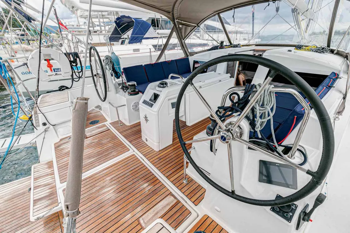 Cockpit of Mystic Blue, a Jeanneau Sun Odyssey 440 sailboat at Kontokali, Greece