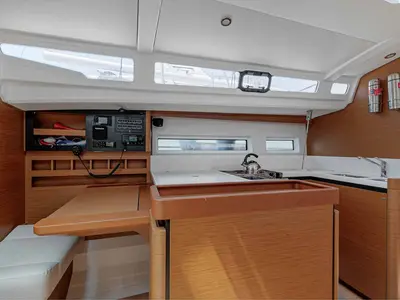 Galley of Mystic Blue, a Jeanneau Sun Odyssey 440 sailboat at Kontokali, Greece