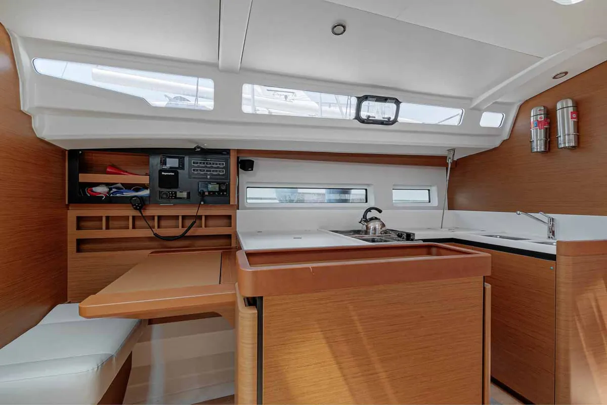 Galley of Mystic Blue, a Jeanneau Sun Odyssey 440 sailboat at Kontokali, Greece