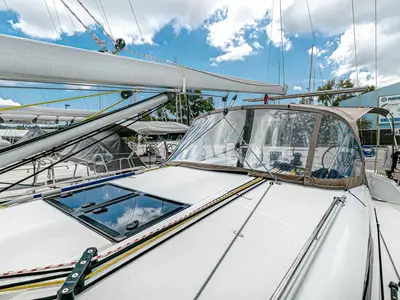 Deck of Mystic Blue, a Jeanneau Sun Odyssey 440 sailboat at Kontokali, Greece