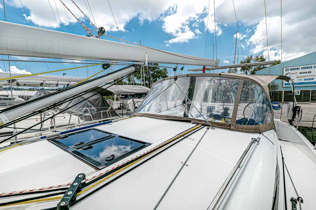 Deck of Mystic Blue, a Jeanneau Sun Odyssey 440 sailboat at Kontokali, Greece