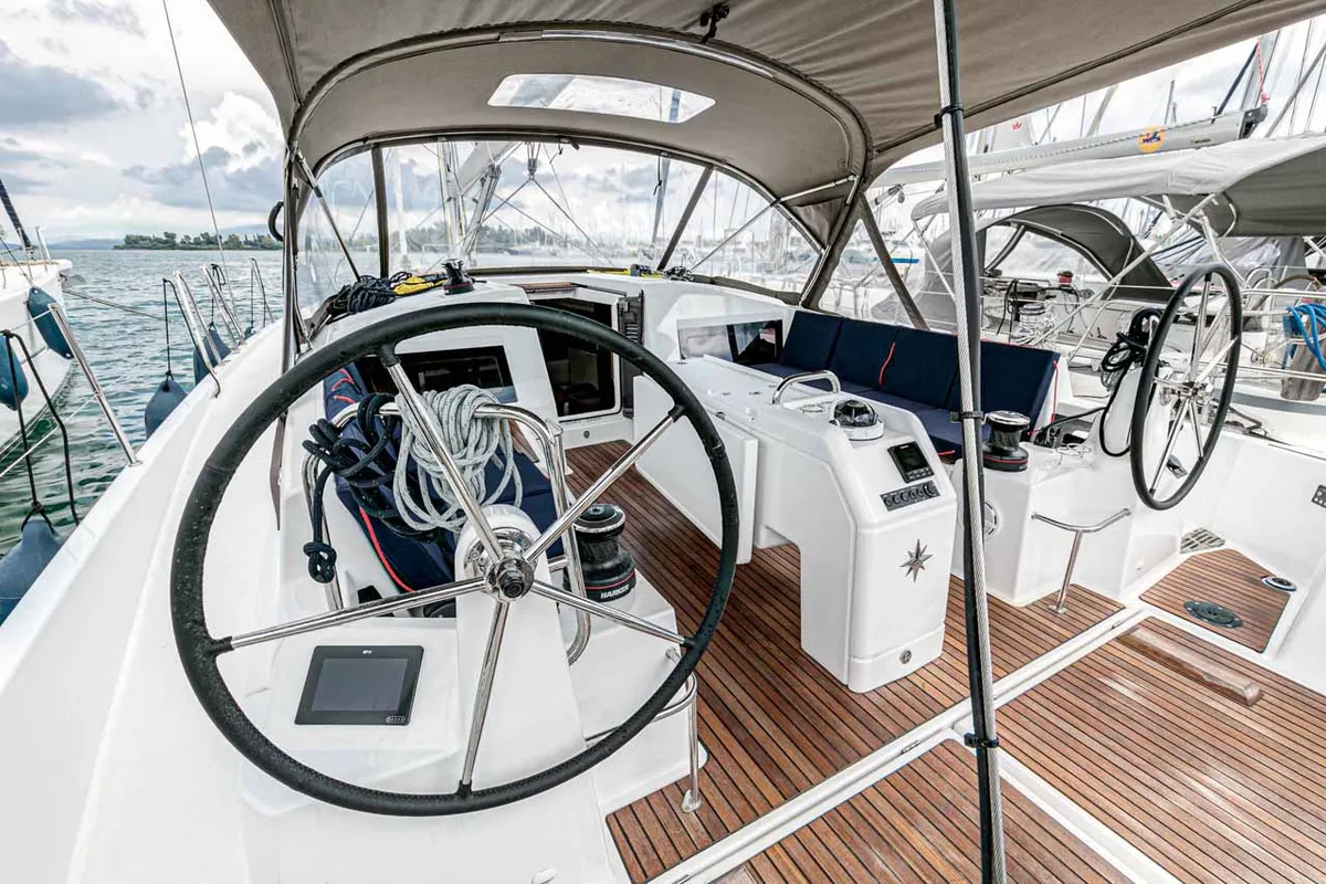 Cockpit of Mystic Blue, a Jeanneau Sun Odyssey 440 sailboat at Kontokali, Greece