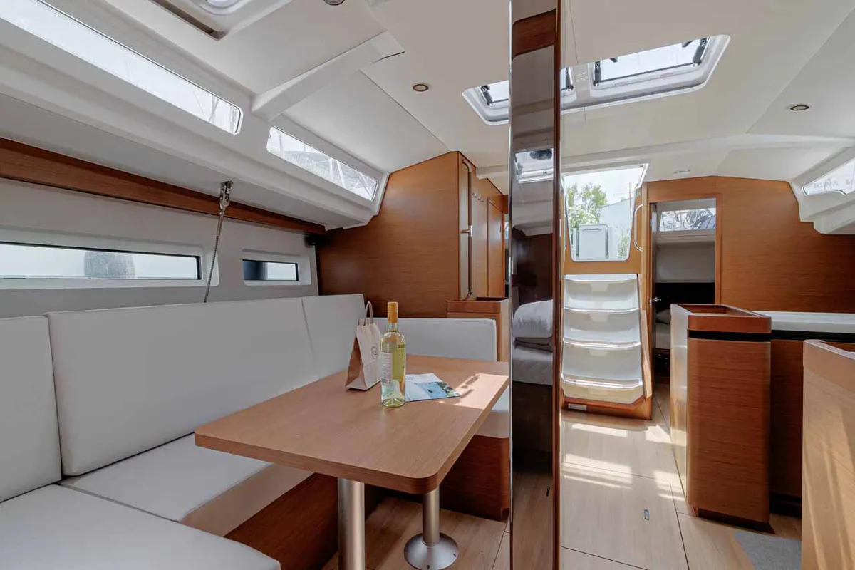 Salon of Mystic Blue, a Jeanneau Sun Odyssey 440 sailboat at Kontokali, Greece