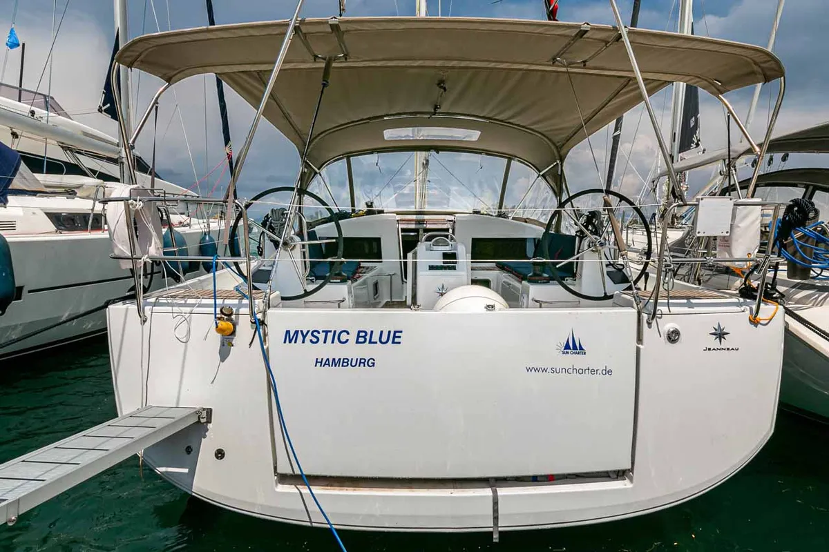 Exterior view of Mystic Blue, a Jeanneau Sun Odyssey 440 sailboat at Kontokali, Greece