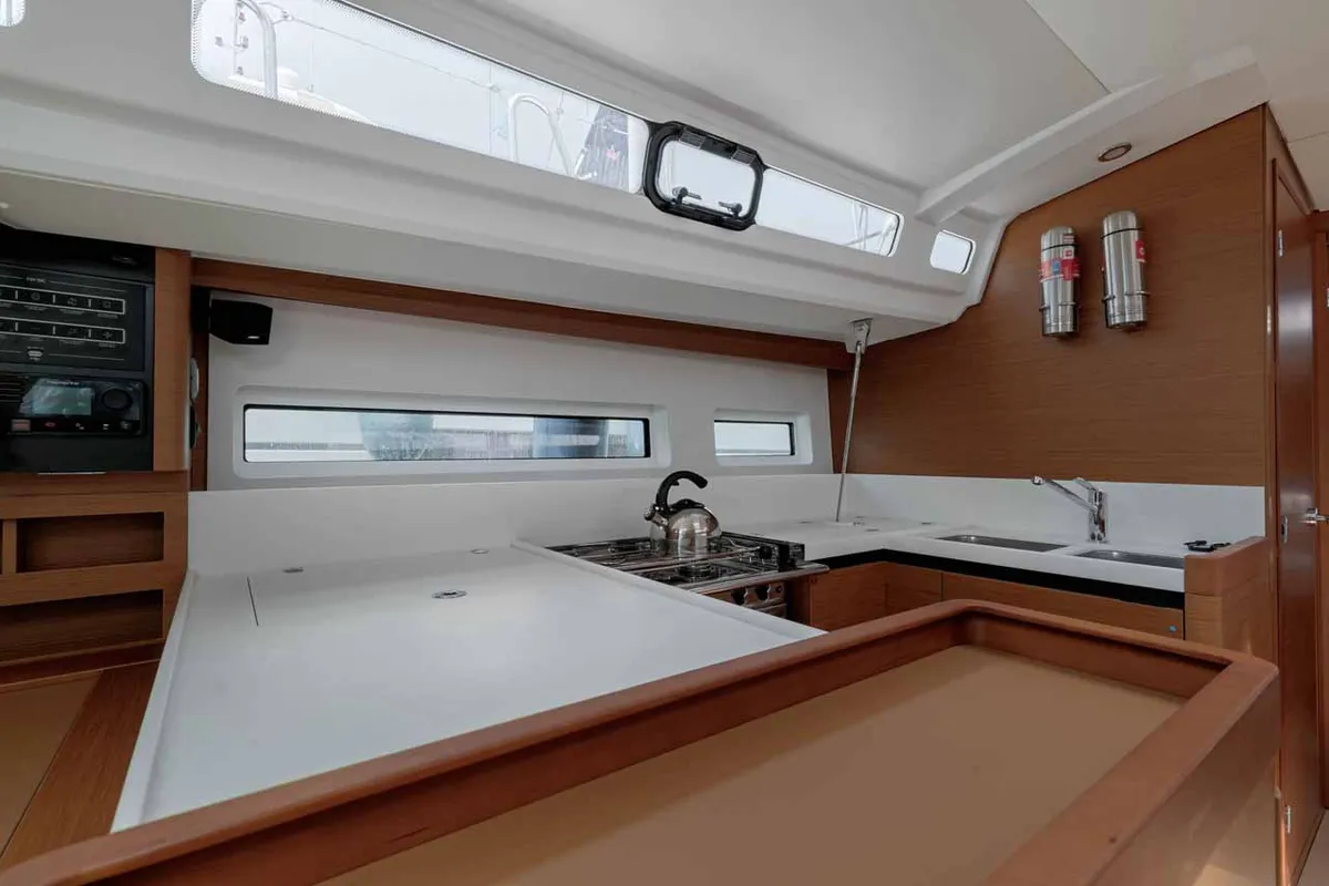Galley of Mystic Blue, a Jeanneau Sun Odyssey 440 sailboat at Kontokali, Greece