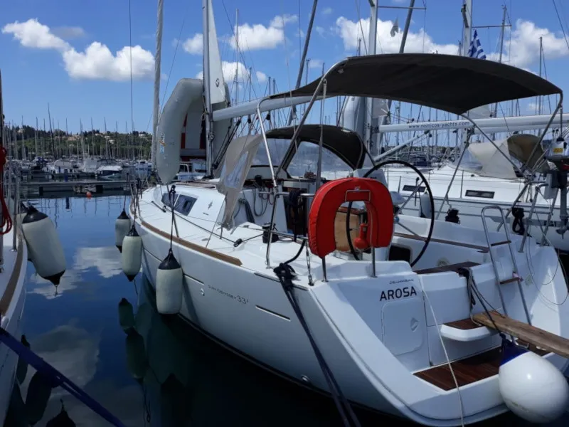 Exterior view of Arosa, a Jeanneau Sun Odyssey 33i sailboat at Kontokali, Greece