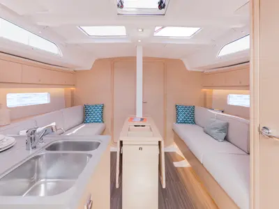 Salon of Sunsail 37.3 Premium Plus, a Dufour 37 sailboat at Municipal Unit of Lefkada, Greece