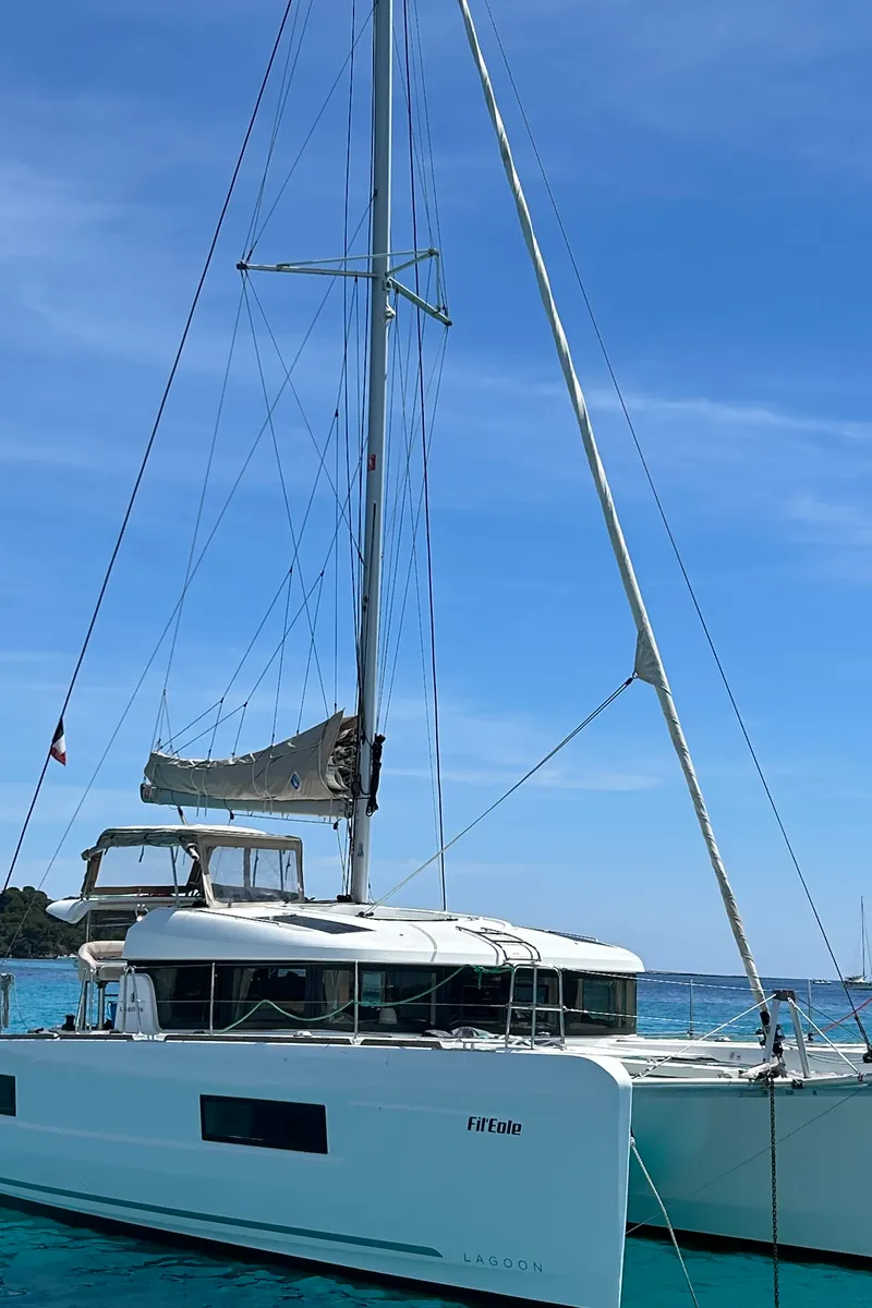 Exterior view of Fil'eole, a Lagoon 40 catamaran at Hyères, France