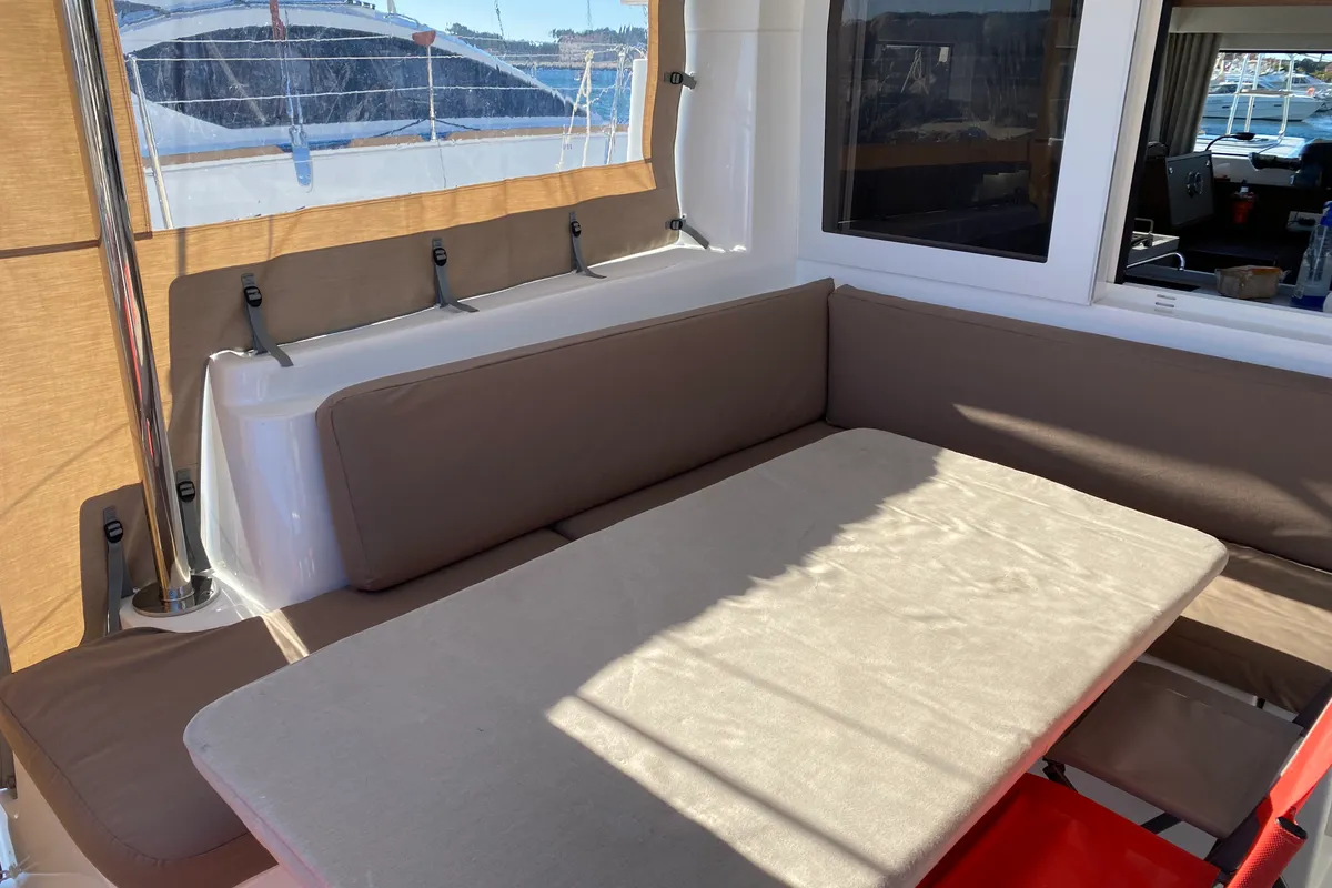 Deck of Fil'eole, a Lagoon 40 catamaran at Hyères, France