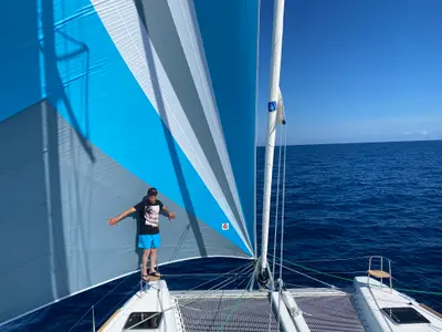 Exterior view of Fil'eole, a Lagoon 40 catamaran at Hyères, France