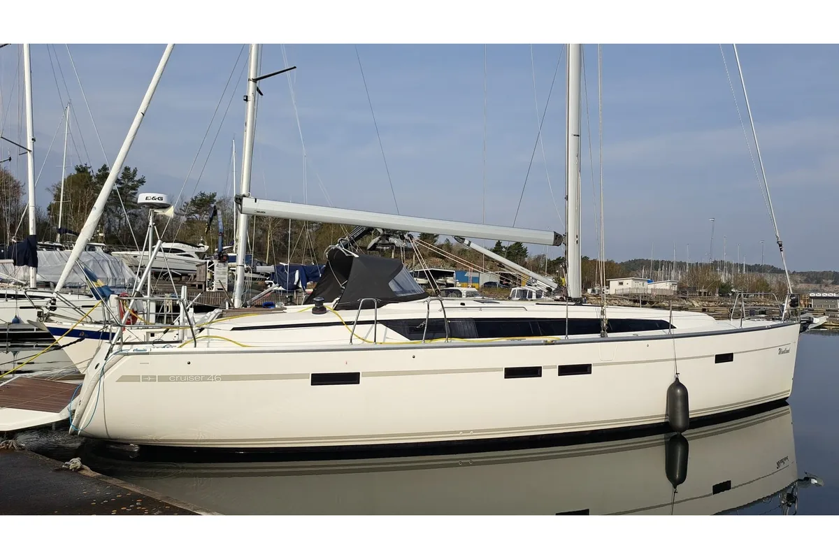 Exterior view of Comfort, a Bavaria Cruiser 46 sailboat at Harstad, Norway