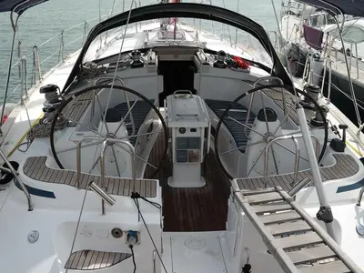Cockpit of Monelli, a Bavaria 49 sailboat at Kontokali, Greece